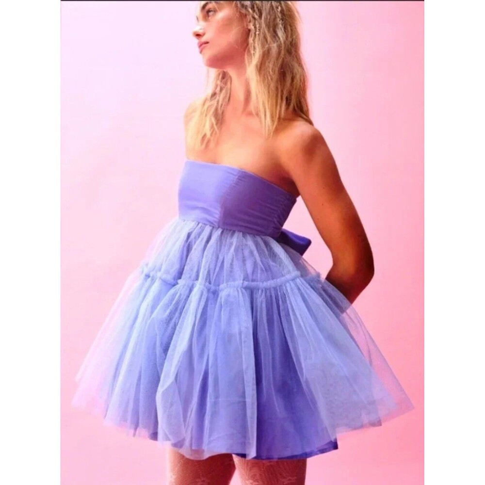 Free People Theo Puff Mini Dress Periwinkle Strapless Tulle Coquette Party S - Picture 3 of 10